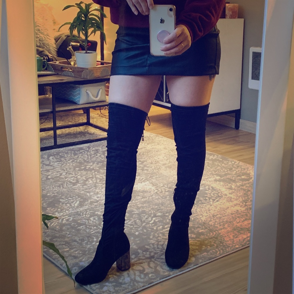 Thigh high black suede boots